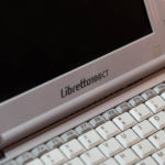 A close up of the Toshiba Libretto 100CT, showing its logo at the bottom of the screen.
