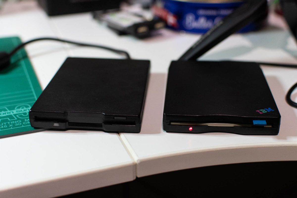 Transferring files via floppy from my IBM USB floppy (right) to my Sony PCMCIA floppy (left)